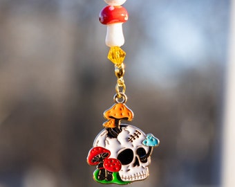 Skull and Mushroom Rearview Mirror Charm - Car Accessory with Mushroom Beads - Suncatcher, Bag Tag, Car Charm, Decor