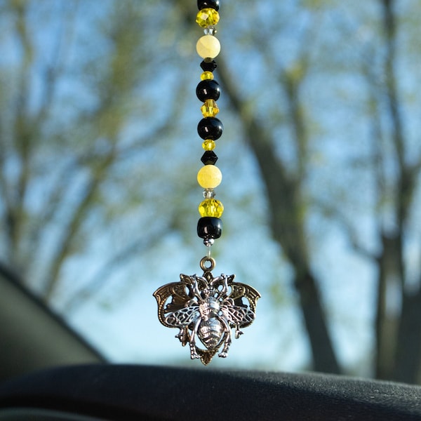 Bee Rearview Mirror Charm in Silver and Bronze, Perfect Insect Rear View Mirror Display, Pollinater Love