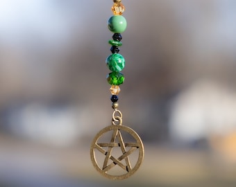 Wiccan Rearview Mirror Accessory with Pentacle and Green Beads to Represent Nature - Unique Spiritual Car Decor, Suncatcher, Pagan, Wicca