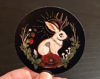 Jackalope Art Vinyl Sticker: Gothic Cryptid Rabbit, Dark Cottagecore Decor - Original Hand Painted Art
