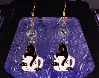 Cats and Coffee Handmade Dangle Earrings, Statement Jewelry, Cat in Mug Nickel Free Earrings, Cat Coffee Lover Gift