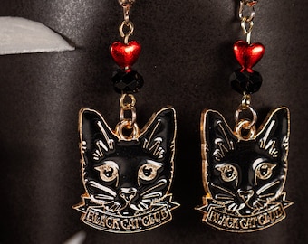 Black Cat Club Handmade Dangle Earrings, Stainless Steel Earwire, Statement Jewelry, Witchy Jewelry, Cat Mom Lover Gift