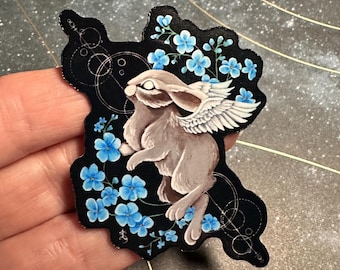 Angel Bunny Art Vinyl Sticker with Forget Me Nots, Original Art Decal