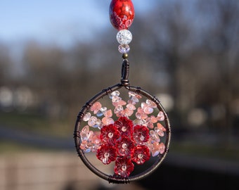 Crystal Quartz Rearview Mirror Car Accessory with Large Floral Charm, Unique Beaded Car Decor, Mother's Day Gift