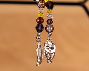 Beaded Keychain with Owl and Feather Charm, Animal Zipper Pull, Whimsical Nature Accessory