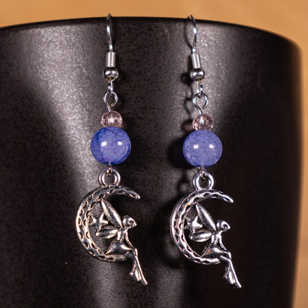 Fairy Dangle Earrings, Silver Fairy Sitting on Crescent Moon Charm, Fantasy Jewelry, Faerie Earrings with Beaded Accent