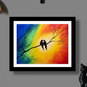 Abstract love birds painting with vibrant yellow, red and blue
