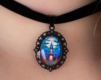 Gothic Castle Stained Glass Velvet Choker with Original Hand-painted Art
