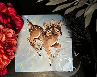 Gemini Two Headed Deer Print, Hand Painted Zodiac Artwork