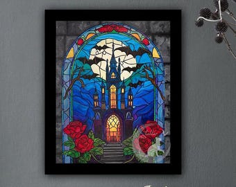 Gothic Castle Stained Glass Acrylic Painting: Dark Fantasy Vampire Decor, Original Hand-Painted Art