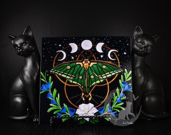 Moon Moth Acrylic Painting: Moon Phases Artwork Wall Decor