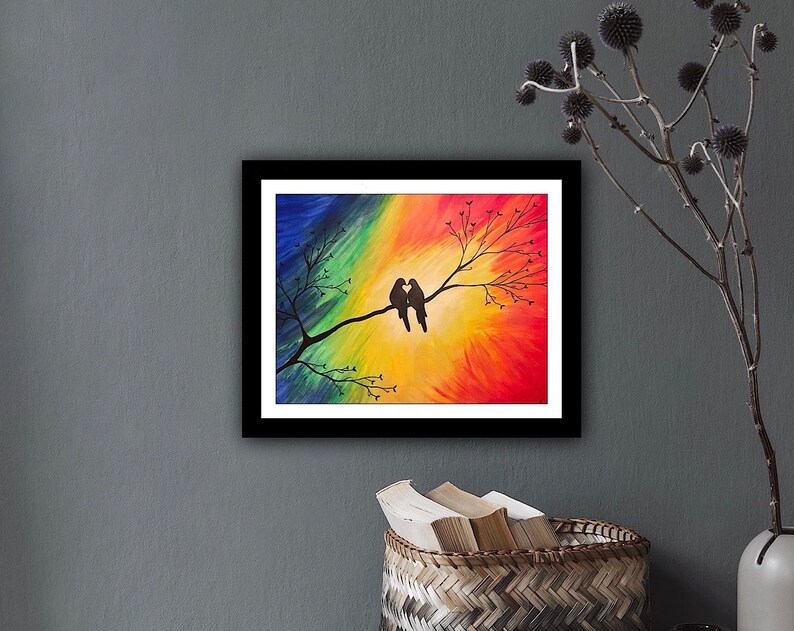 Psychedelic love birds painting. What it would look like matted, framed and hung