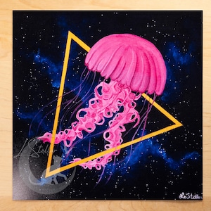 Peinture acrylique Méduse dans l'espace : oeuvre surréaliste d'ortie de mer