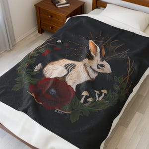 Jackalope Blanket, Gothic Forest Bedding, Cryptid Art, Cozy Dark Fantasy Animal Throw, Rabbit Antler Oddities, Spooky Cottagecore Gift