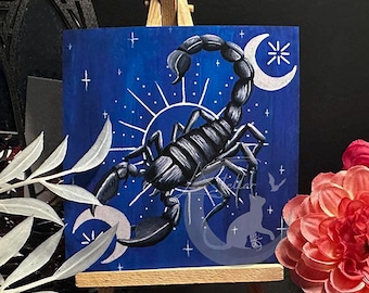 Scorpio Painting, Scorpion Stealing the Moon, Hand Painted Zodiac Artwork