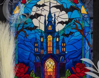 Gothic Castle Stained Glass Acrylic Painting: Dark Fantasy Vampire Decor, Original Hand-Painted Art
