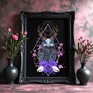 Horned Owl Acrylic Painting, Dark Fantasy Print 8x10, Cottagegoth Fine Art 4x5, Handpainted Gothic Forest Decor, Cryptid Wall Art