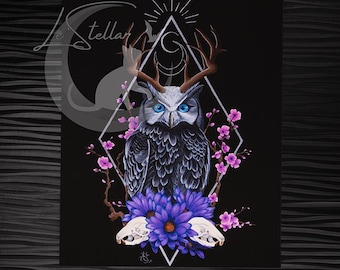 Gothic Owl Art Print: Witchy Dark Fantasy Animal Acrylic Painting