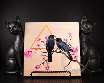 Crow Painting Print, Handpainted Artwork Print Featuring Crows and Cherry Blossoms
