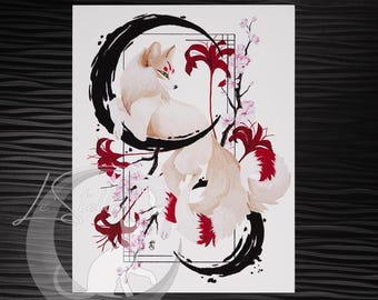 Kitsune Fox Art Painting Print, Japanese Sumi-e Inspired Wall Art