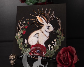 Jackalope Art Print: Cryptid Rabbit, Gothic Dark Cottagecore Decor