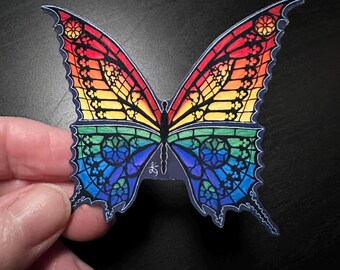 Pride Butterfly with Gothic Cathedral Stained Glass Window Design: Sticker for Laptop, Waterbottle, Phone