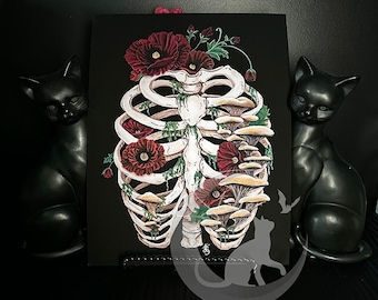 Death and Decay Art Print: Ribcage covered in Moss, Mushrooms and Poppy Flowers