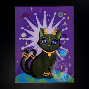 Whimsical Alien Cat Acrylic Painting Print: Fantasy Atomic Age Hand Painted Wall Art