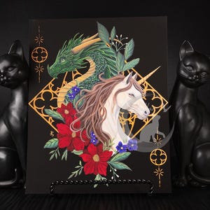 Dragon and Unicorn Art Print: Witchy Dark Academia Fantasy Painting image 4