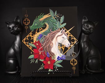 Dragon and Unicorn Art Print: Witchy Dark Academia Fantasy Painting