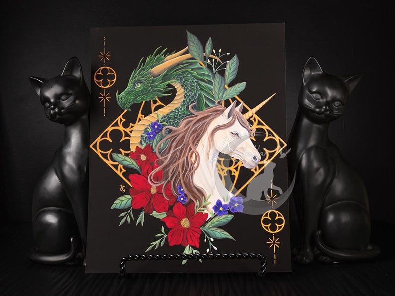 Dragon and Unicorn Art Print: Witchy Dark Academia Fantasy Painting image 4