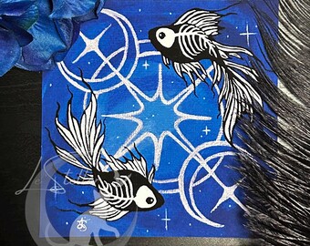 Pisces Skeleton Fish Art Print, Hand-painted Zodiac Gothic Wall Decor
