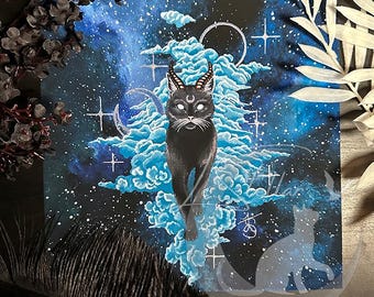 Celestial Black Cat Baphomet Print: Dark Fantasy Demon Kitty Decor, Original Hand-Painted Art