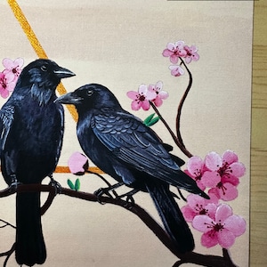 Cottagecore Crow and Cherry Blossom Painting, Contemporary Raven Wall Artwork, Original or Prints, Gift for Nature Lover, Couples image 7