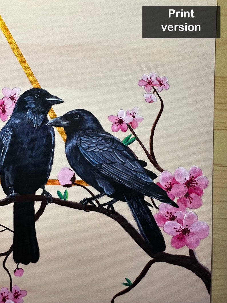 Cottagecore Crow and Cherry Blossom Painting, Contemporary Raven Wall Artwork, Original or Prints, Gift for Nature Lover, Couples image 7