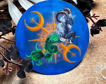 Sea Goat Capricorn Sticker with Celestial Moon Accents, Dark Fantasy Decal