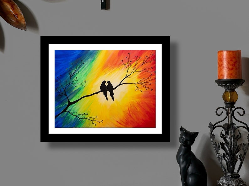 Abstract love birds painting with vibrant yellow, red and blue