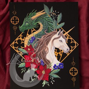 Dragon and Unicorn Art Print: Witchy Dark Academia Fantasy Painting image 3