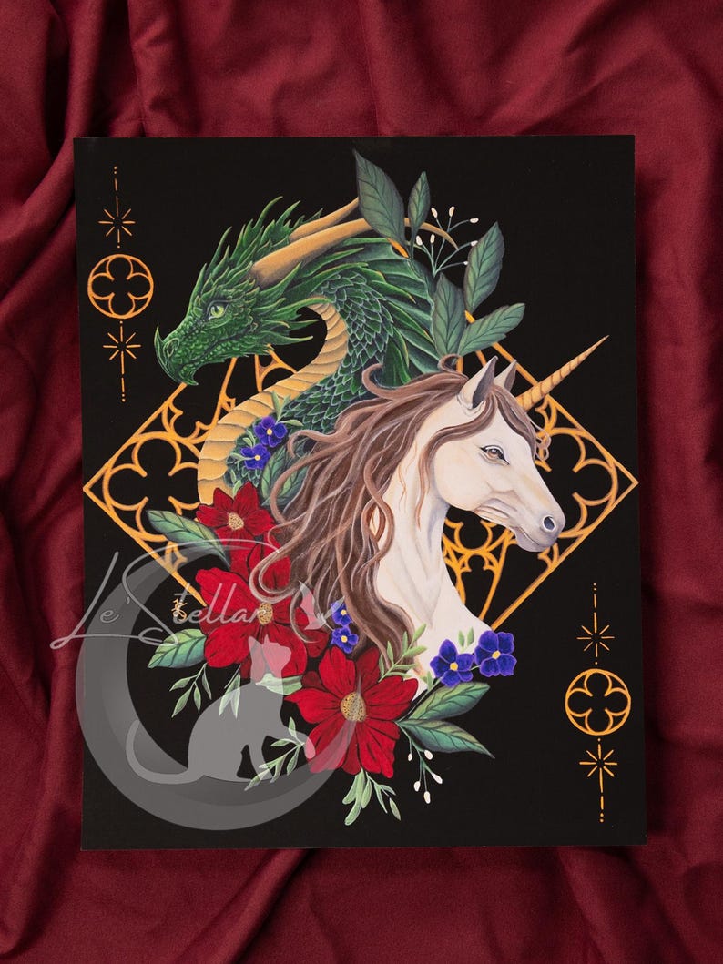 Dragon and Unicorn Art Print: Witchy Dark Academia Fantasy Painting image 3