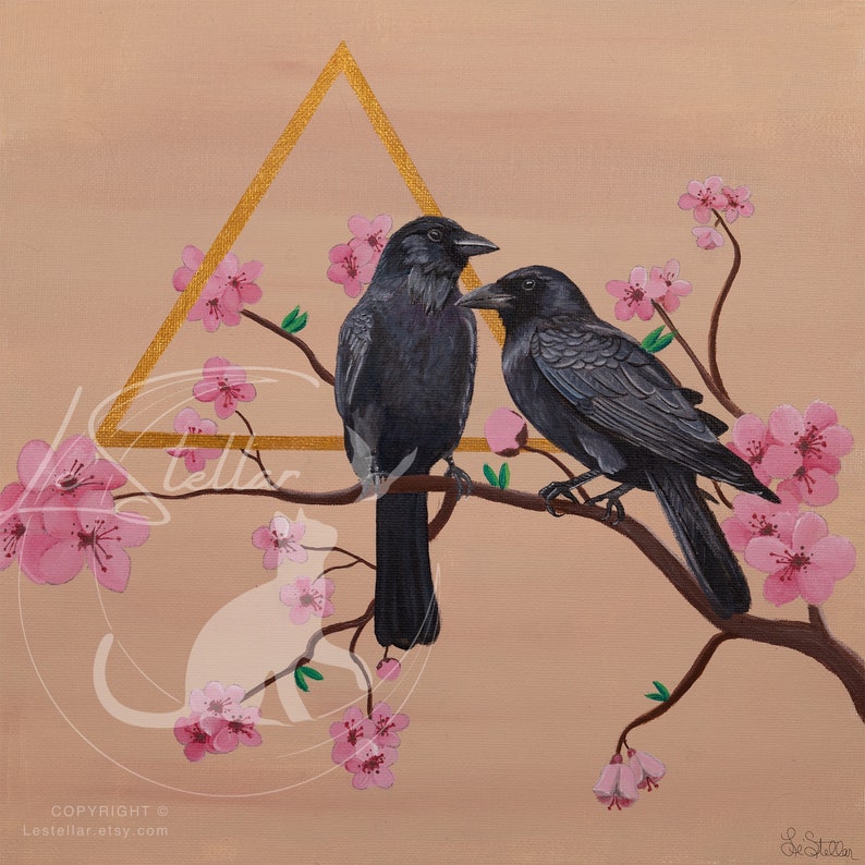 Photo of just the painting of the two crows and cherry blossom branch