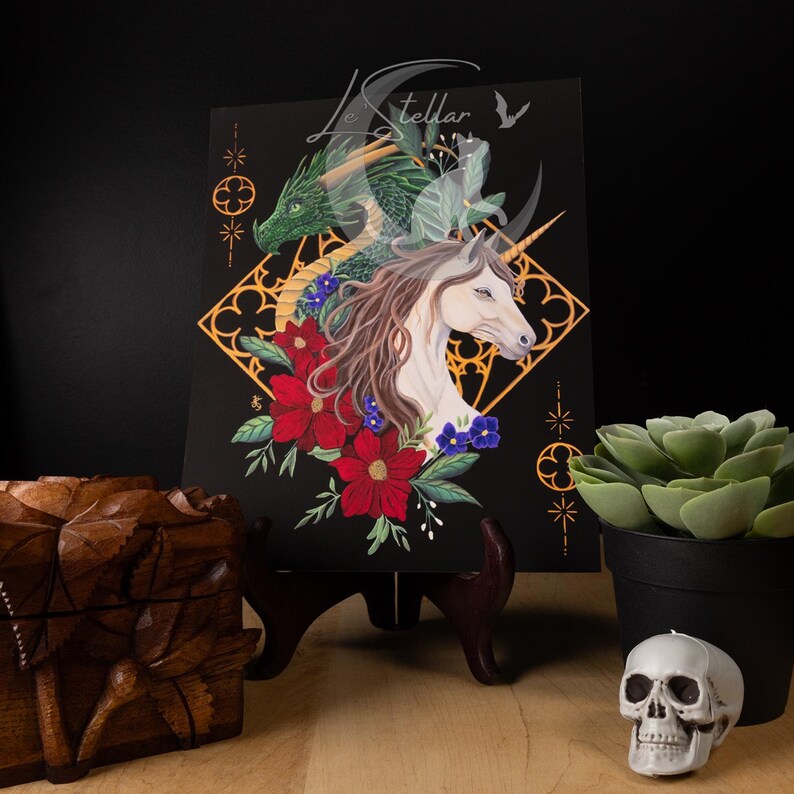 Dragon and Unicorn Art Print: Witchy Dark Academia Fantasy Painting image 6