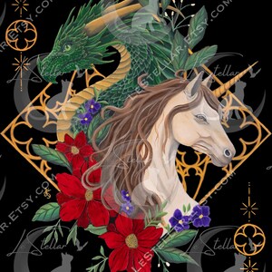 High resolution image of dragon and unicorn painting