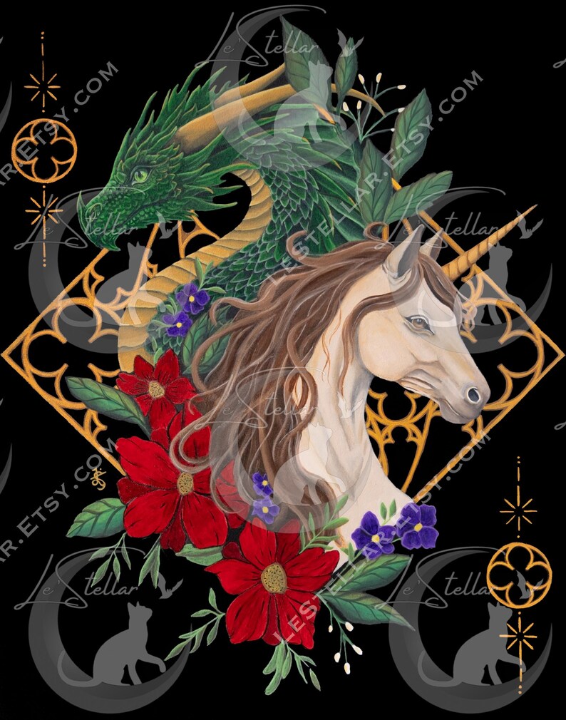 High resolution image of dragon and unicorn painting