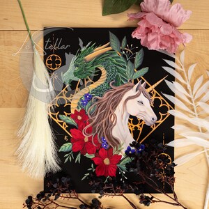 Dragon and Unicorn Art Print: Witchy Dark Academia Fantasy Painting image 2