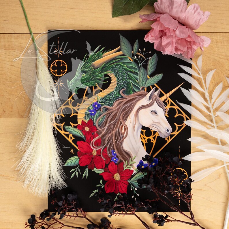 Dragon and Unicorn Art Print: Witchy Dark Academia Fantasy Painting image 2