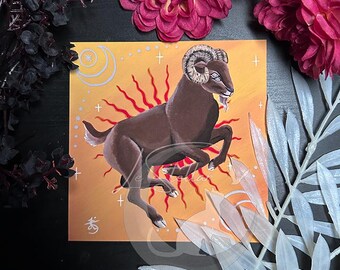 Ram Sheep Celestial Painting Print: Aries Zodiac Art, Acrylic on Canvas