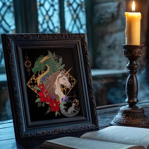 Dragon and Unicorn Art Print: Witchy Dark Academia Fantasy Painting image 5