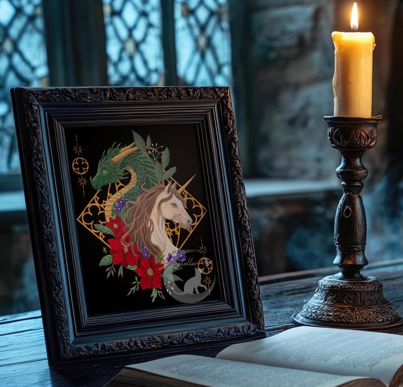 Dragon and Unicorn Art Print: Witchy Dark Academia Fantasy Painting image 5