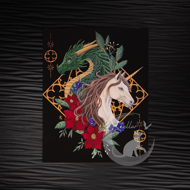 Dragon and Unicorn Art Print: Witchy Dark Academia Fantasy Painting image 1