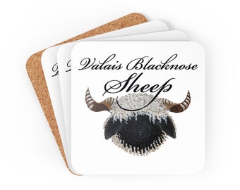 May include: Set of four white coasters featuring a black and white illustration of a Valais Blacknose sheep with brown horns. The text "Valais Blacknose Sheep" is written in black cursive script above the sheep.